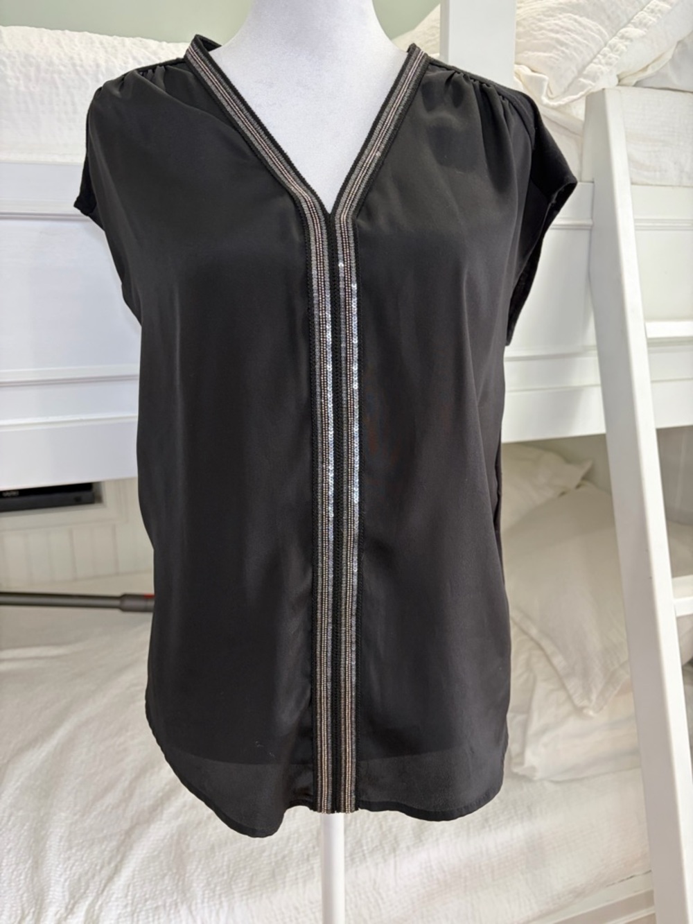 Rock & Republic Black Sequin Trimmed Mixed Media Blouse